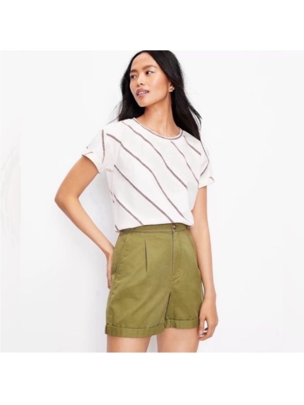 Loft Plus Striped Crew Relaxed Top/Shirt Sz XXL Ivory Red Folded Short Sleeves